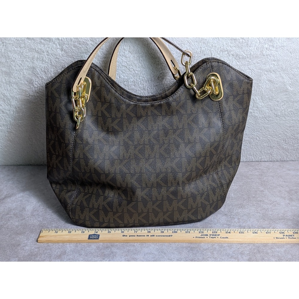Michael Kors Fulton Large Shoulder Bag Brown MK Monogram Gold Chain Tote Hobo